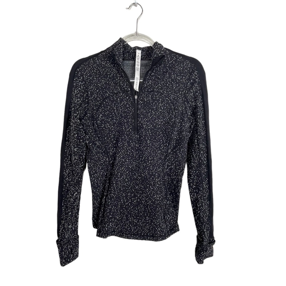 Lululemon 1/2‎ Zip Mock Neck Popover Jacket Black White Speckled Sz 8 Athleisure